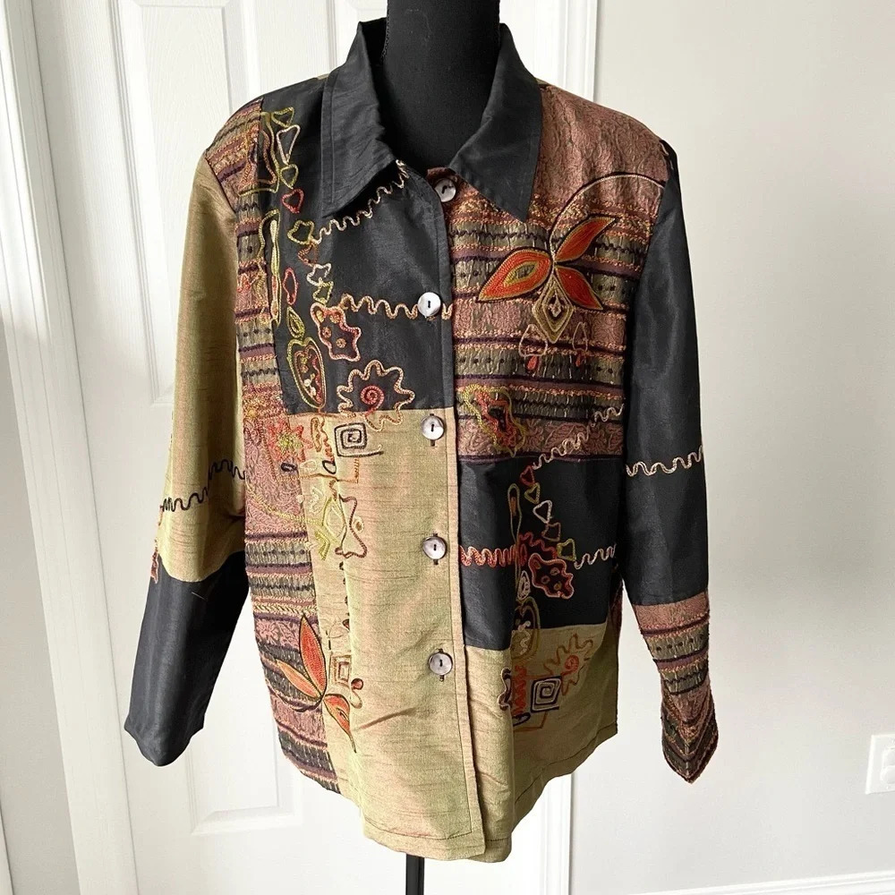 Allure Multicolor Patchwork Button-Front Jacket - Black, Olive, Rust